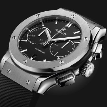 Hublot Classic Fusion Chronograph Titanium automatic watch black dial black rubber strap 45 mm