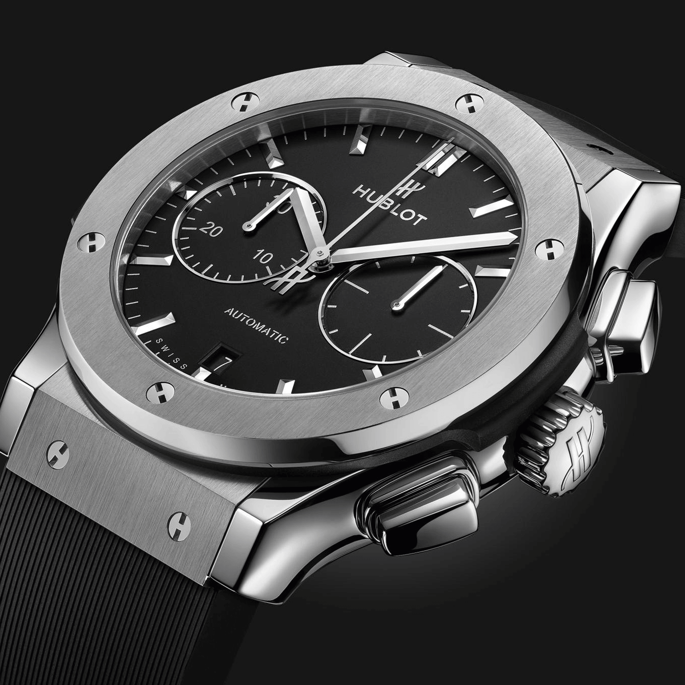 Hublot Classic Fusion Chronograph Titanium automatic watch black dial black rubber strap 45 mm