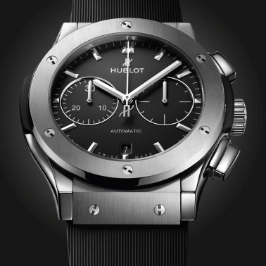 Montre Hublot Classic Fusion Chronograph Titanium automatique cadran noir bracelet caoutchouc noir 45 mm 521.NX.1171.RX