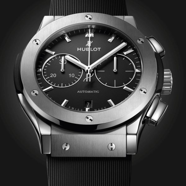 Hublot Classic Fusion Chronograph Titanium automatic watch black dial black rubber strap 45 mm