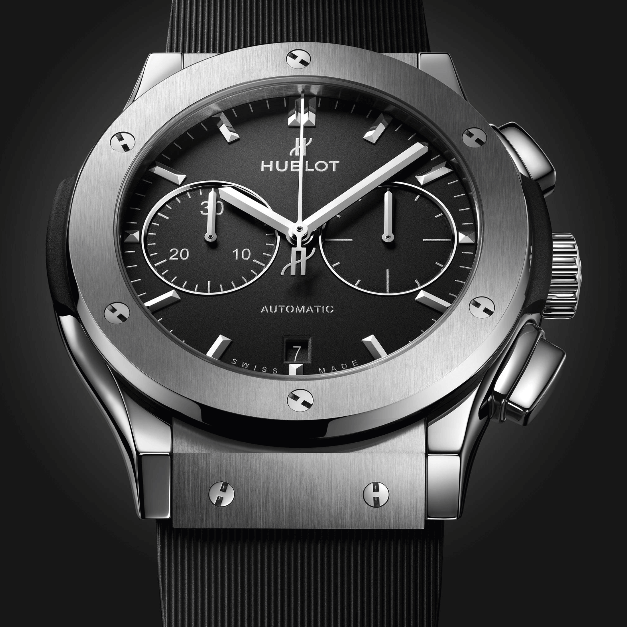 Hublot Classic Fusion Chronograph Titanium automatic watch black dial black rubber strap 45 mm