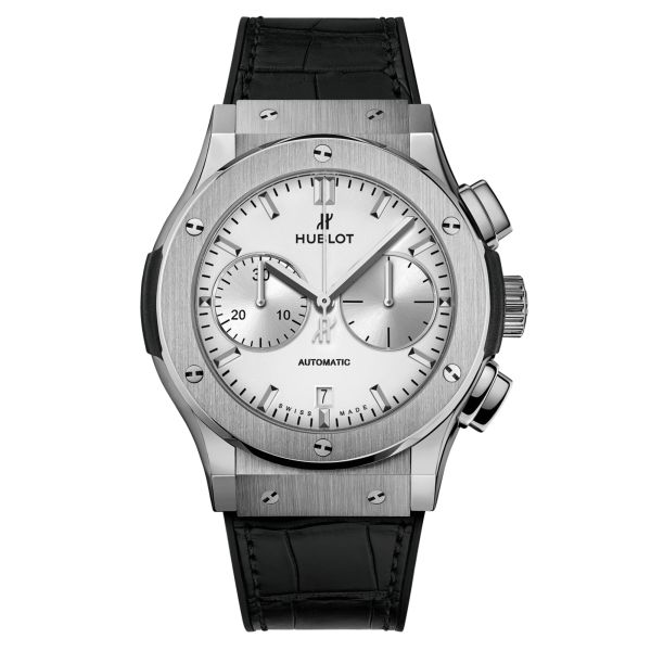 Montre Hublot Classic Fusion Chronograph Titanium Opalin bracelet caoutchouc et cuir 45 mm 521.NX.2611.LR