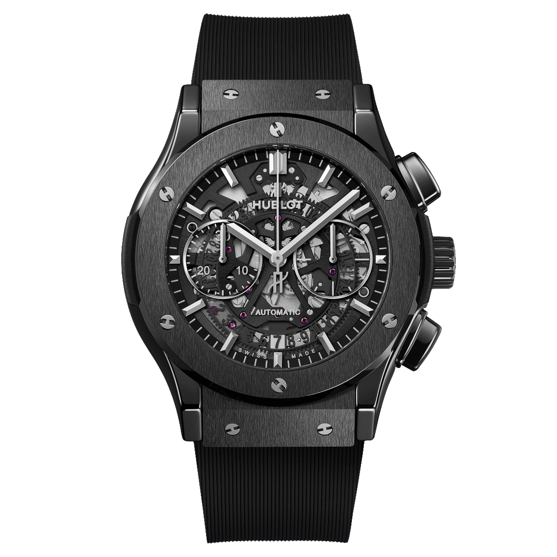 Montre Hublot Classic Fusion Aerofusion Black Magic automatique cadran squelette bracelet caoutchouc noir 45 mm 525.CM.0170.RX