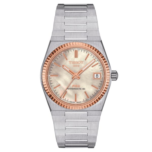 Tissot PRX Powermatic 80 automatic pink gold watch white mother-of-pearl dial steel bracelet 35 mm