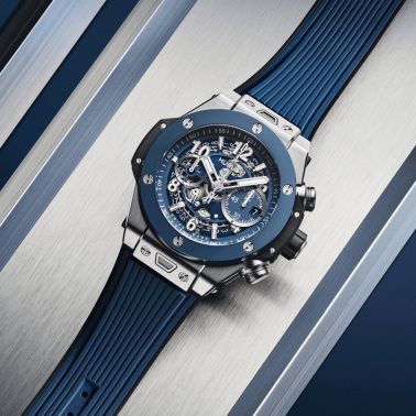 Montre Hublot Big Bang Unico Titanium Blue Ceramic automatique cadran squelette bracelet caoutchouc bleu 44 mm 421.NL.5170.RX