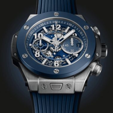 Hublot Big Bang Unico Titanium Blue Ceramic automatic watch skeleton dial blue rubber strap 44 mm