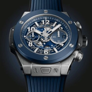 Montre Hublot Big Bang Unico Titanium Blue Ceramic automatique cadran squelette bracelet caoutchouc bleu 44 mm 421.NL.5170.RX
