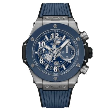 Montre Hublot Big Bang Unico Titanium Blue Ceramic automatique cadran squelette bracelet caoutchouc bleu 44 mm 421.NL.5170.RX