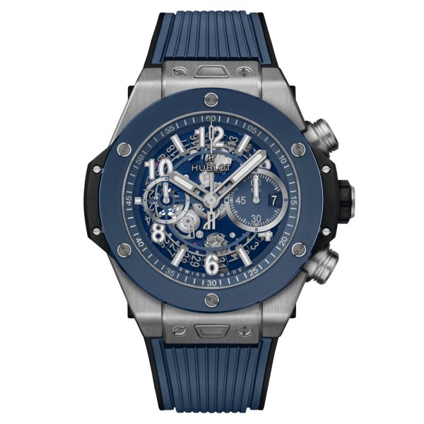 Hublot Big Bang Unico Titanium Blue Ceramic automatic watch skeleton dial blue rubber strap 44 mm