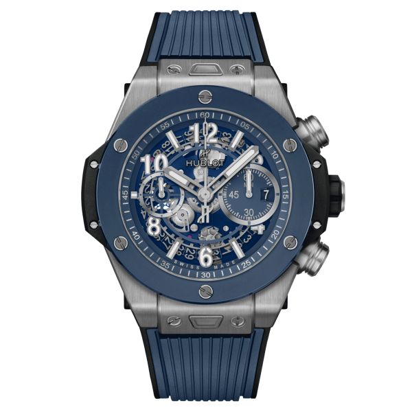 Montre Hublot Big Bang Unico Titanium Blue Ceramic automatique cadran squelette bracelet caoutchouc bleu 44 mm 421.NL.5170.RX