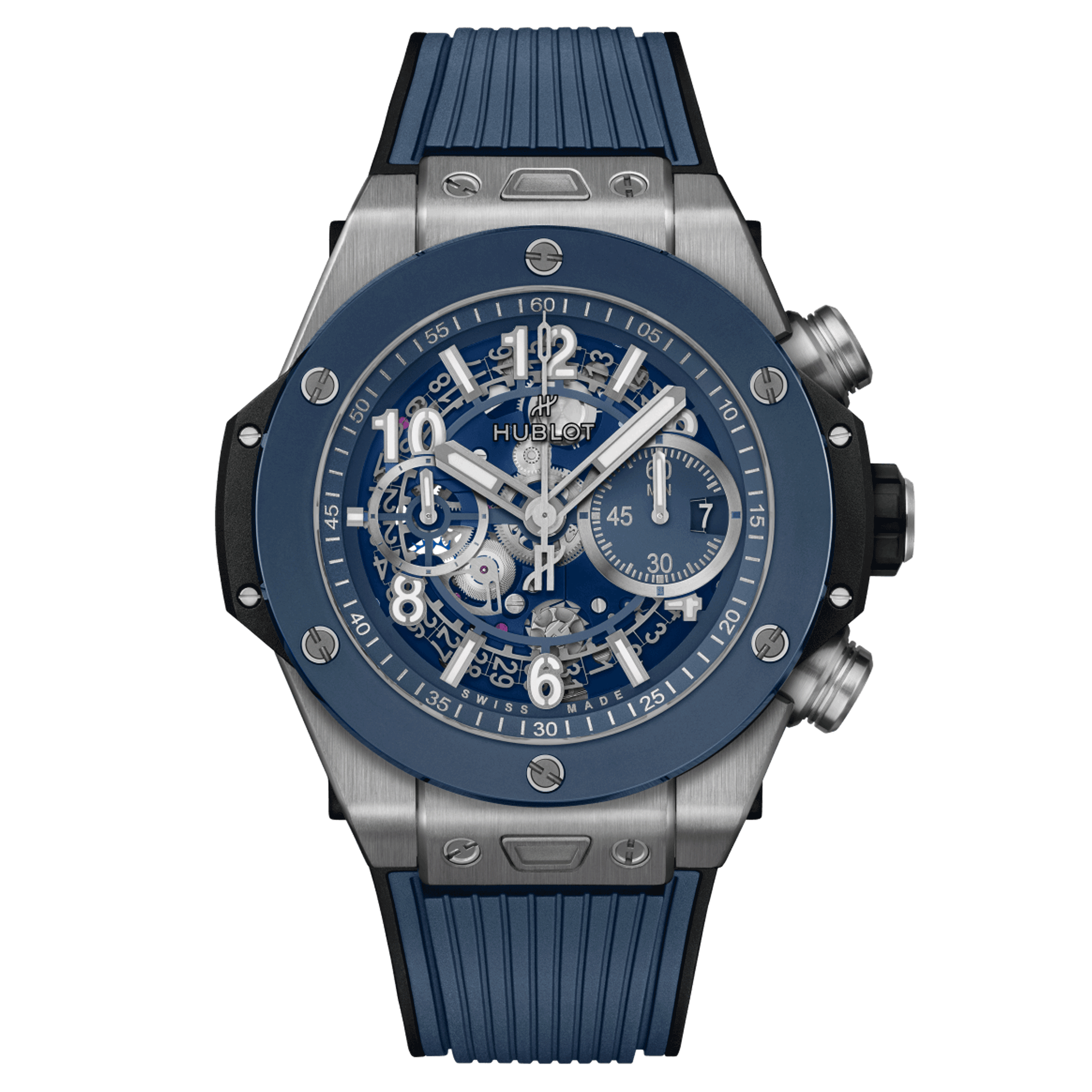 Montre Hublot Big Bang Unico Titanium Blue Ceramic automatique cadran squelette bracelet caoutchouc bleu 44 mm 421.NL.5170.RX