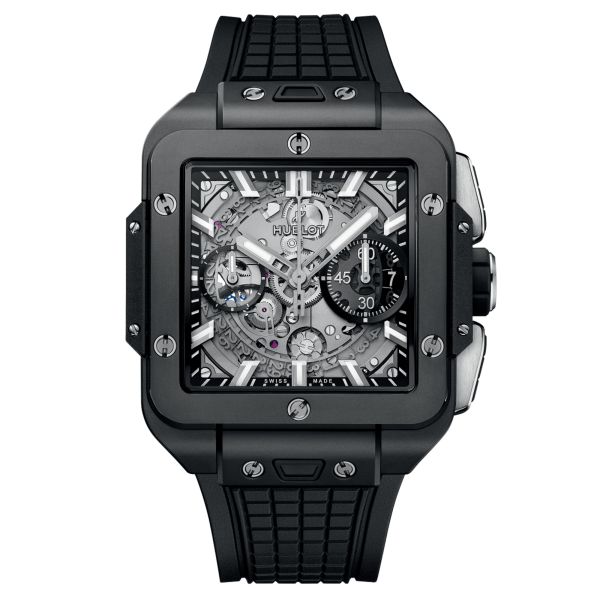 Hublot Square Bang Unico Black Magic automatic watch skeleton dial black rubber strap 42 mm