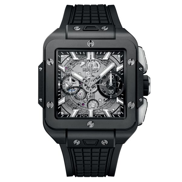 Montre Hublot Square Bang Unico Black Magic automatique cadran squelette bracelet caoutchouc noir 42 mm 821.CI.0170.RX