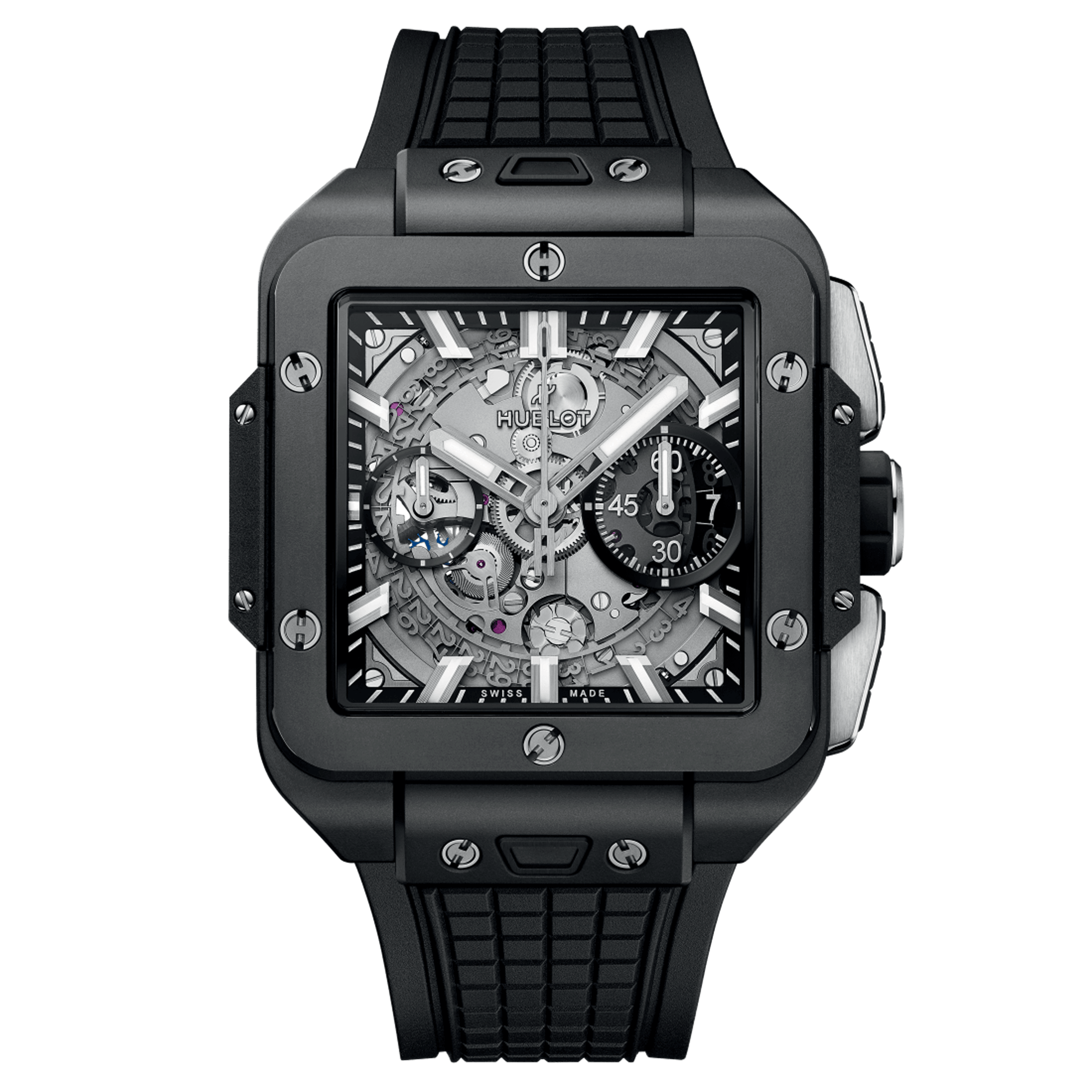 Montre Hublot Square Bang Unico Black Magic automatique cadran squelette bracelet caoutchouc noir 42 mm 821.CI.0170.RX