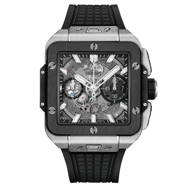 Montre Hublot Square Bang Unico Titanium Ceramic automatique cadran squelette bracelet caoutchouc noir 42 mm 821.NM.0170.RX