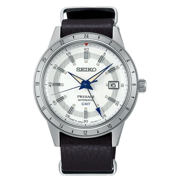 Montre Seiko Presage Style 60's GMT "Laurel" automatique cadran blanc bracelet cuir 40,8 mm