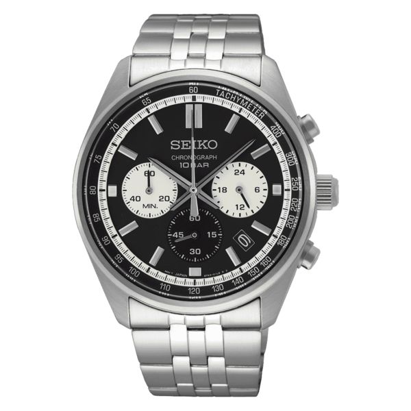 Montre Seiko Sport quartz chronographe cadran noir bracelet acier 41,5 mm
