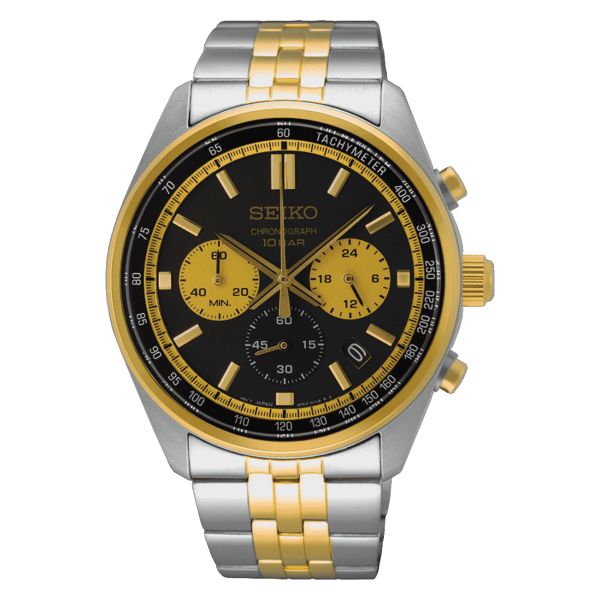 Montre Seiko Sport quartz chronographe cadran noir bracelet acier et PVD or jaune 41,5 mm
