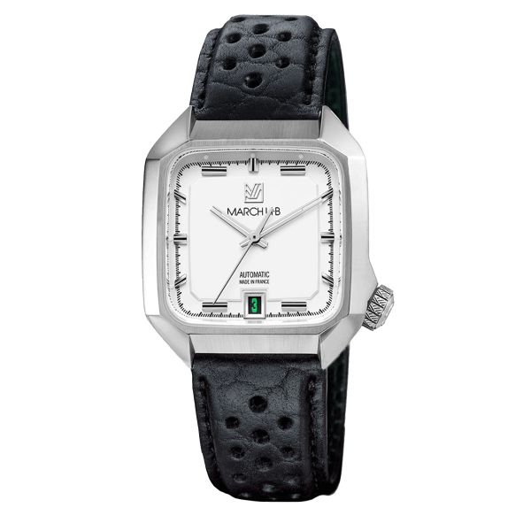 Montre March LA.B AM2 Slim Automatique White bracelet cuir de bison perforé noir 36 mm