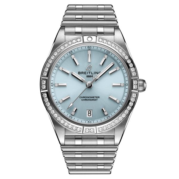 Breitling Chronomat Automatic 36 Ice Blue watch bezel set with blue dial steel bracelet 36 mm