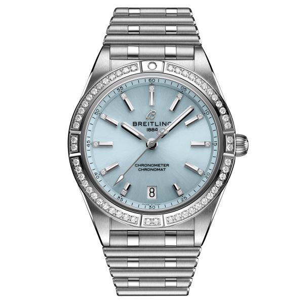 Montre Breitling Chronomat Automatic 36 Ice Blue lunette sertie cadran bleu bracelet acier 36 mm G10380591C1G1