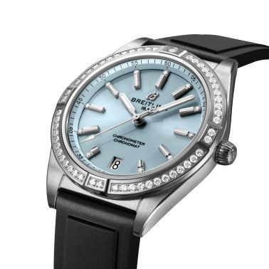 Breitling Chronomat Automatic 36 Ice Blue watch bezel set with blue dial black rubber strap 36 mm