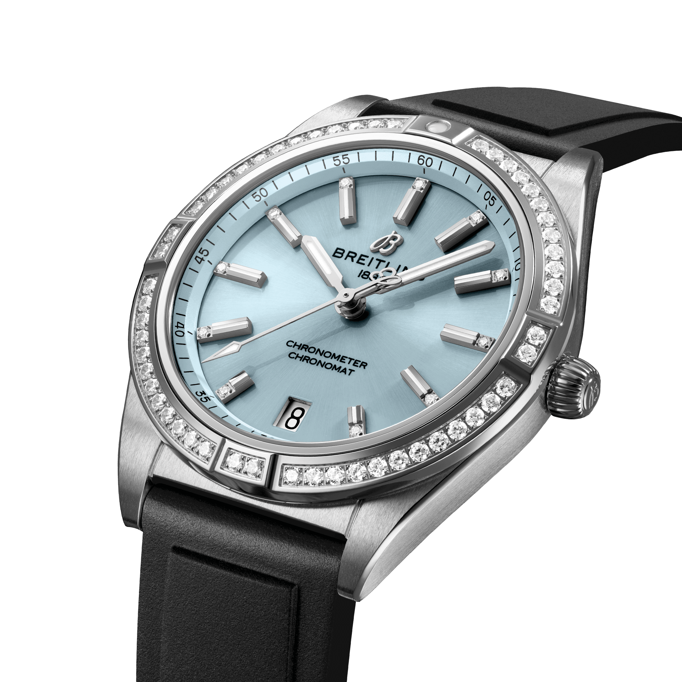 Montre Breitling Chronomat Automatic 36 Ice Blue lunette sertie cadran bleu bracelet caoutchouc noir 36 mm G10380591C1S1