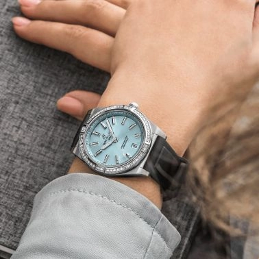 Breitling Chronomat Automatic 36 Ice Blue watch bezel set with blue dial black rubber strap 36 mm