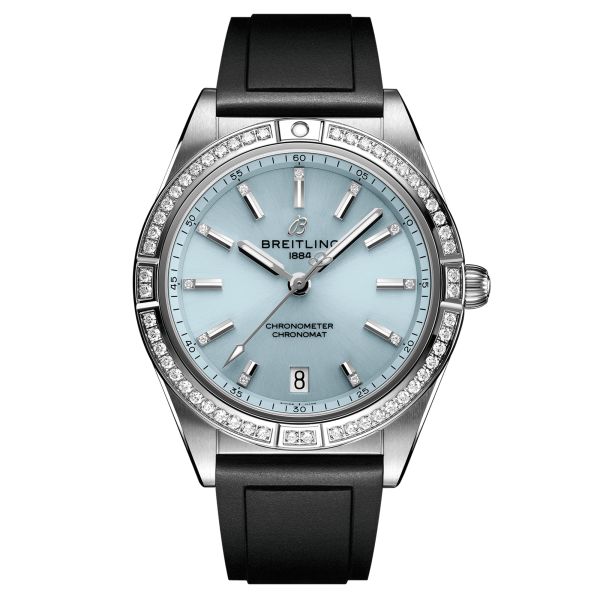 Breitling Chronomat Automatic 36 Ice Blue watch bezel set with blue dial black rubber strap 36 mm
