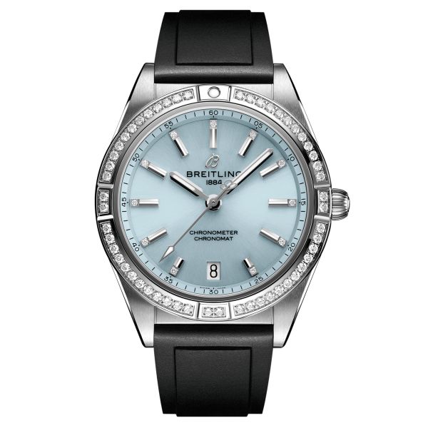 Montre Breitling Chronomat Automatic 36 Ice Blue lunette sertie cadran bleu bracelet caoutchouc noir 36 mm G10380591C1S1