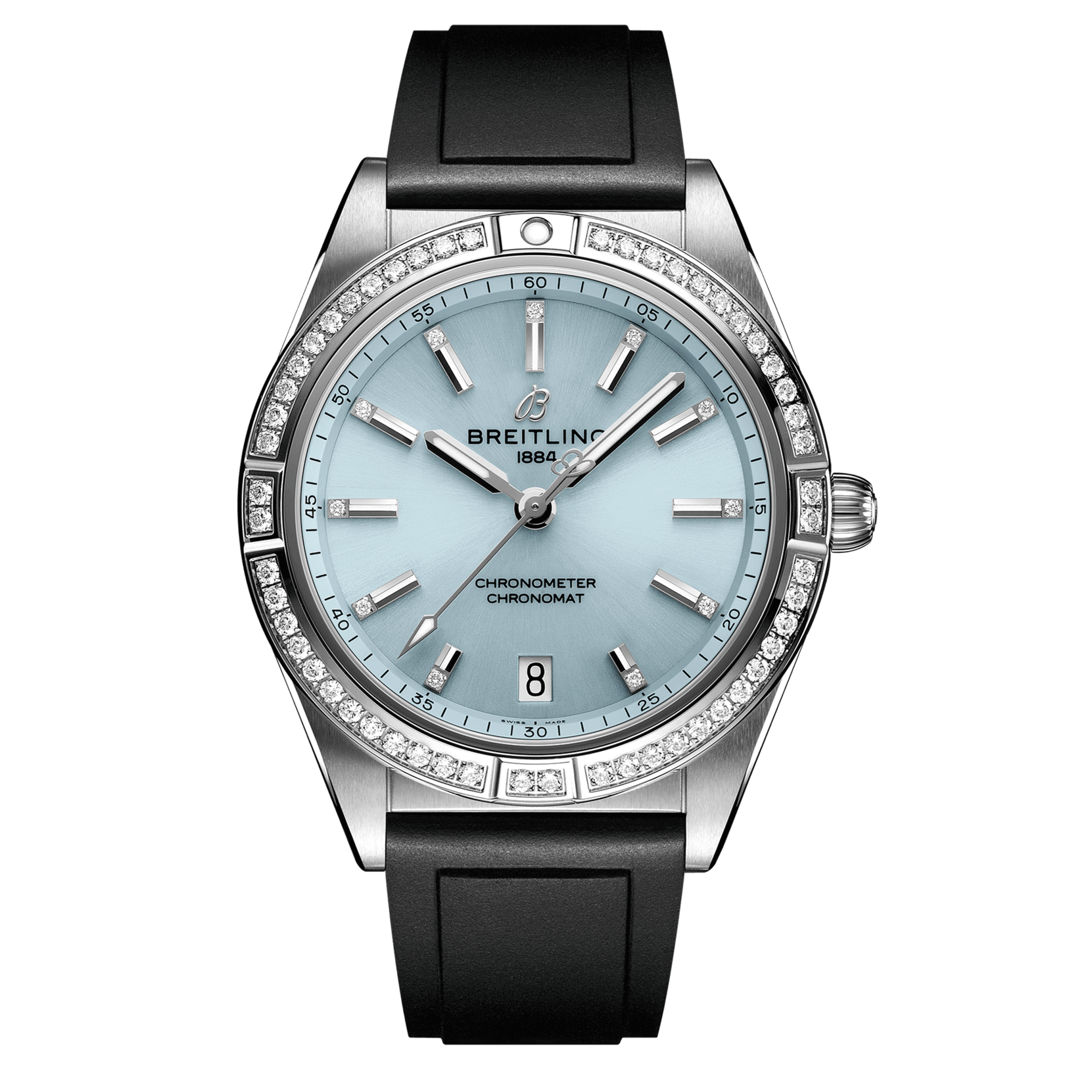 Breitling Chronomat Automatic 36 Ice Blue watch bezel set with blue dial black rubber strap 36 mm