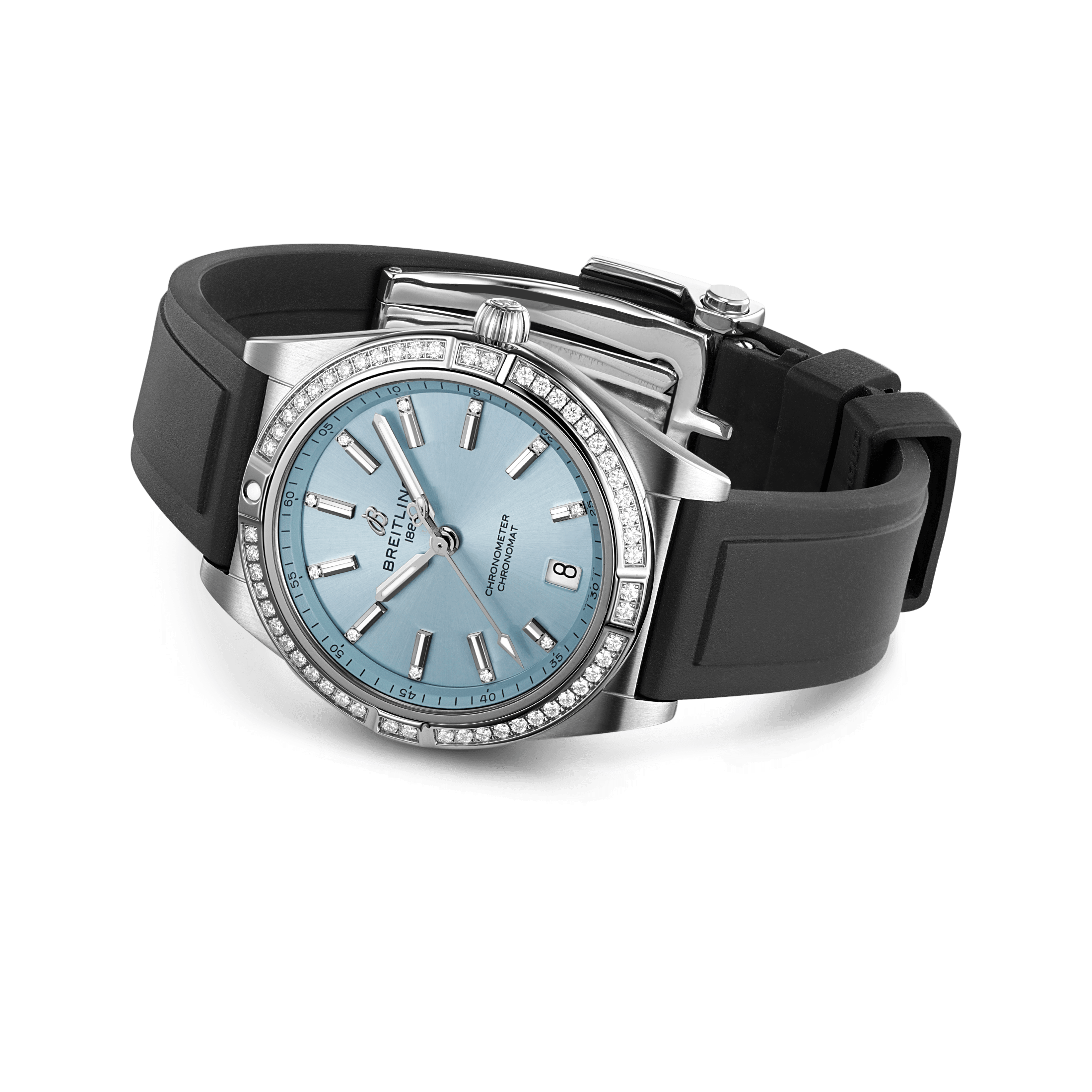 Montre Breitling Chronomat Automatic 36 Ice Blue lunette sertie cadran bleu bracelet caoutchouc noir 36 mm G10380591C1S1