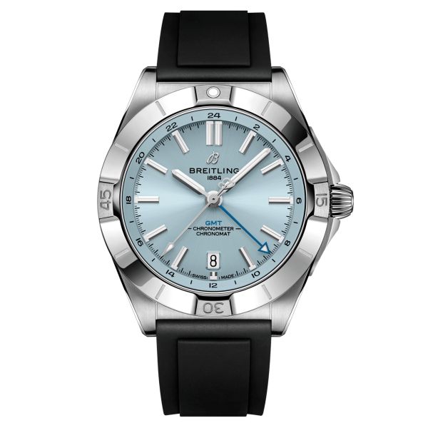 Montre Breitling Chronomat GMT automatique cadran bleu glacier bracelet caoutchouc noir 40 mm P32398101C1S1