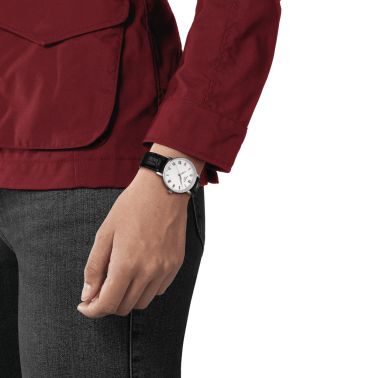 Tissot Everytime quartz watch silver dial black leather strap 34mm