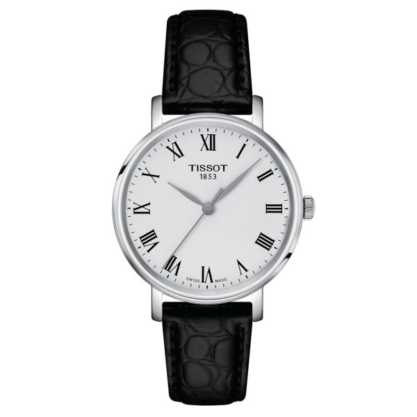 Montre Tissot Everytime quartz cadran argent bracelet cuir noir 34 mm T143.210.16.033.00