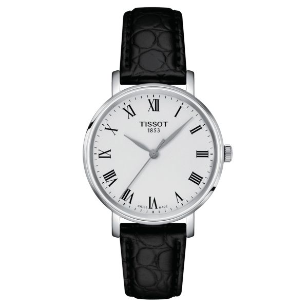 Tissot Everytime quartz watch silver dial black leather strap 34mm