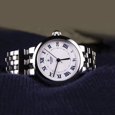 Tudor Clair de Rose watch automatic index Roman numerals opaline dial steel bracelet 30 mm