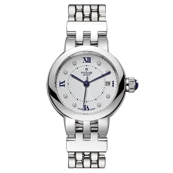 Tudor Clair de Rose automatic watch with diamond markers and Roman numerals opaline dial steel bracelet 30 mm
