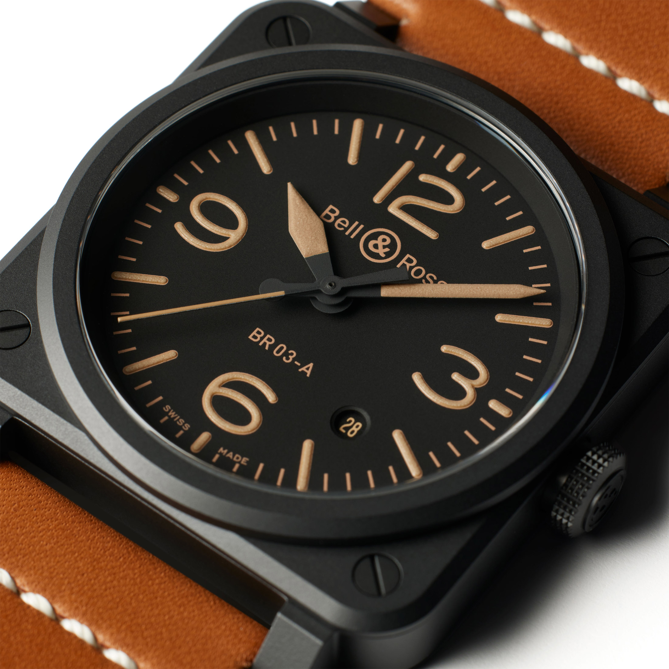 Bell & Ross New BR 03 Heritage automatic ceramic black dial leather strap 41 mm