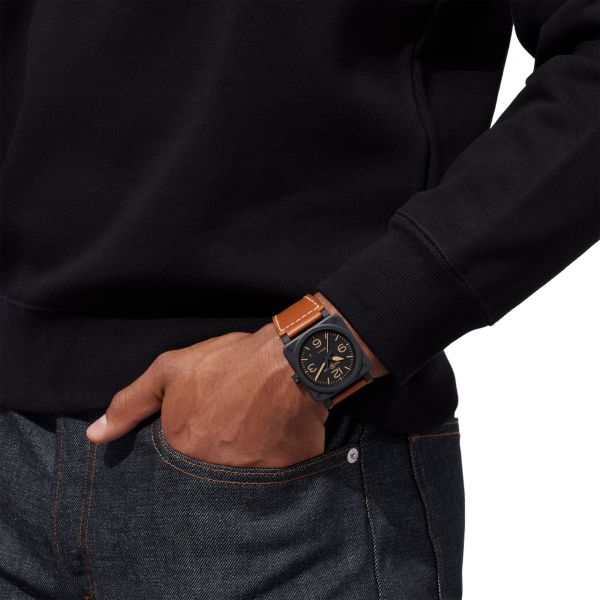 Bell & Ross New BR 03 Heritage automatic ceramic black dial leather strap 41 mm