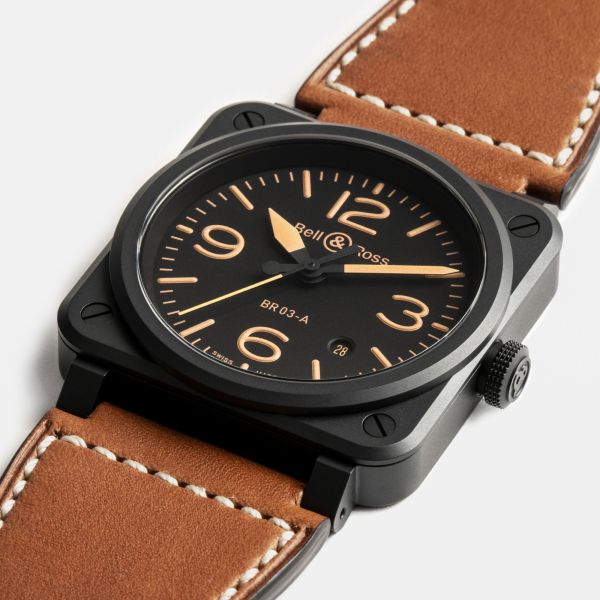 Bell & Ross New BR 03 Heritage automatic ceramic black dial leather strap 41 mm