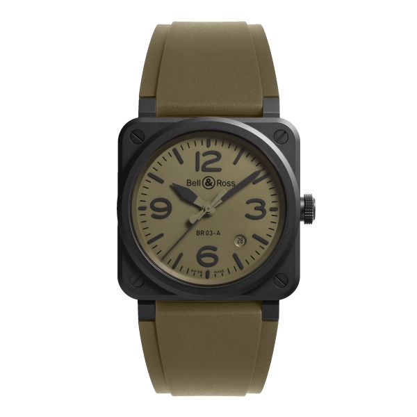 Montre Bell & Ross New BR 03 Military Ceramic automatique cadran kaki bracelet caoutchouc 41 mm