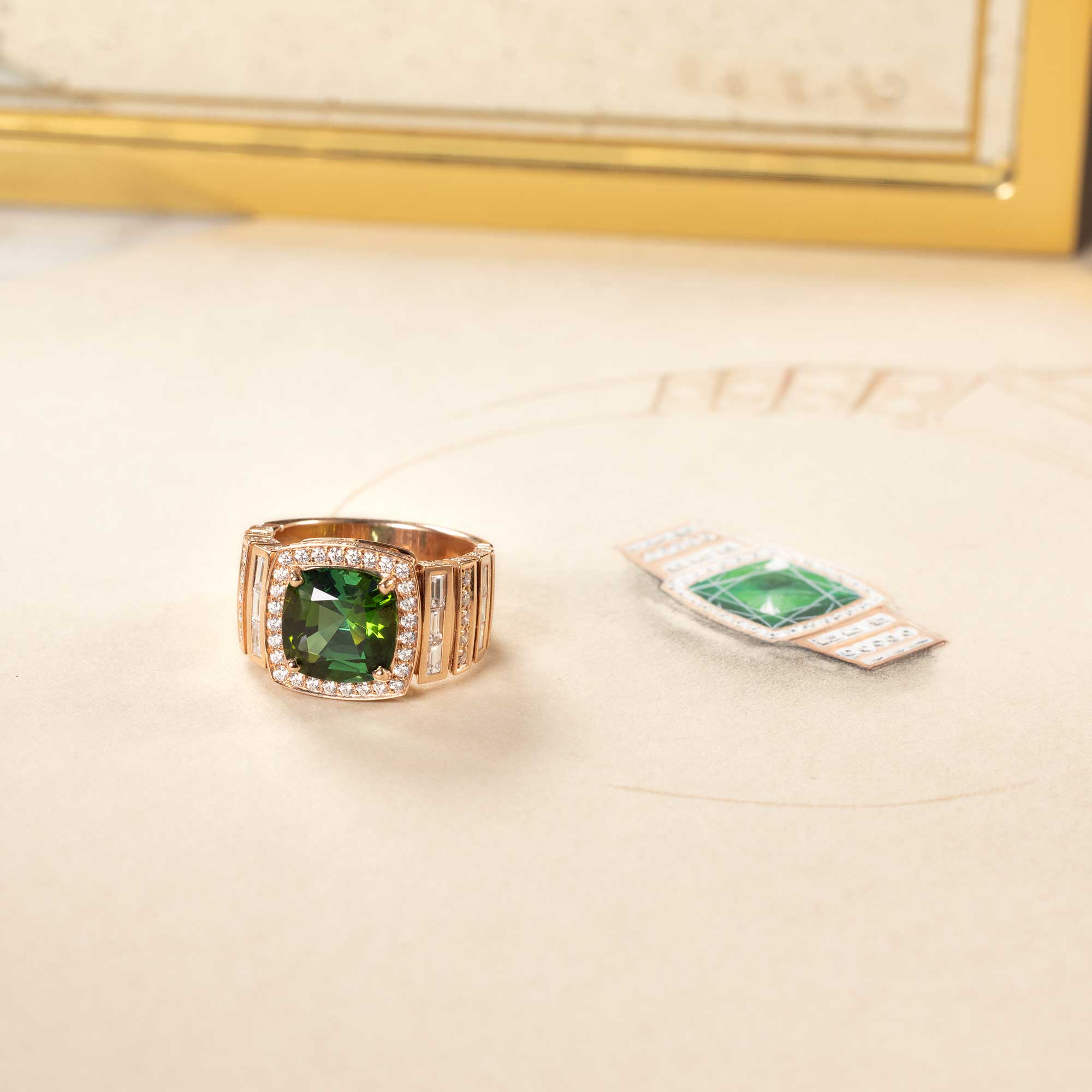 Bague Lepage Joséphine en or rose, tourmaline verte et diamants