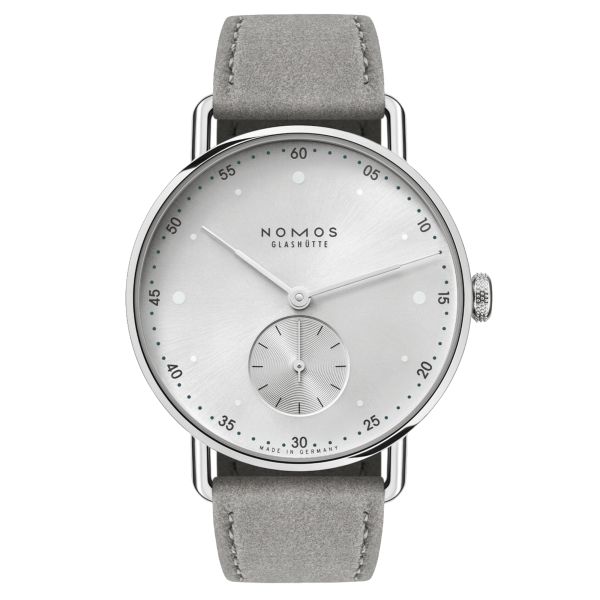 Montre Nomos Metro All Silver mécanique fond acier cadran argent bracelet cuir gris 33 mm 1122.SB