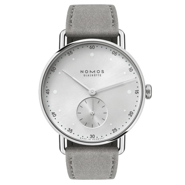 Nomos Metro All Silver mechanical watch stainless steel back silver dial grey leather strap 33 mm 122.SB
