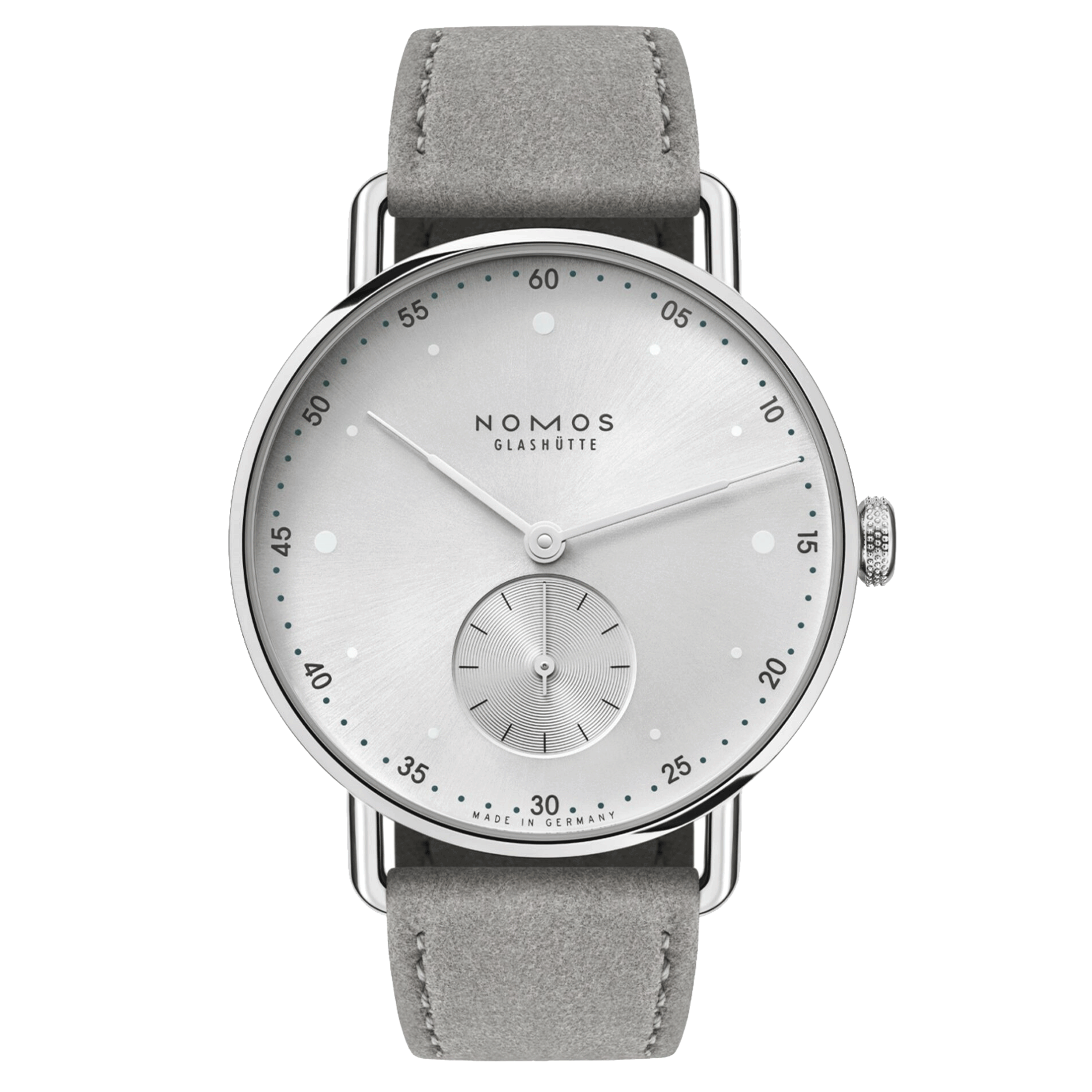 Montre Nomos Metro All Silver mécanique fond saphir cadran argent bracelet cuir gris 33 mm 1122
