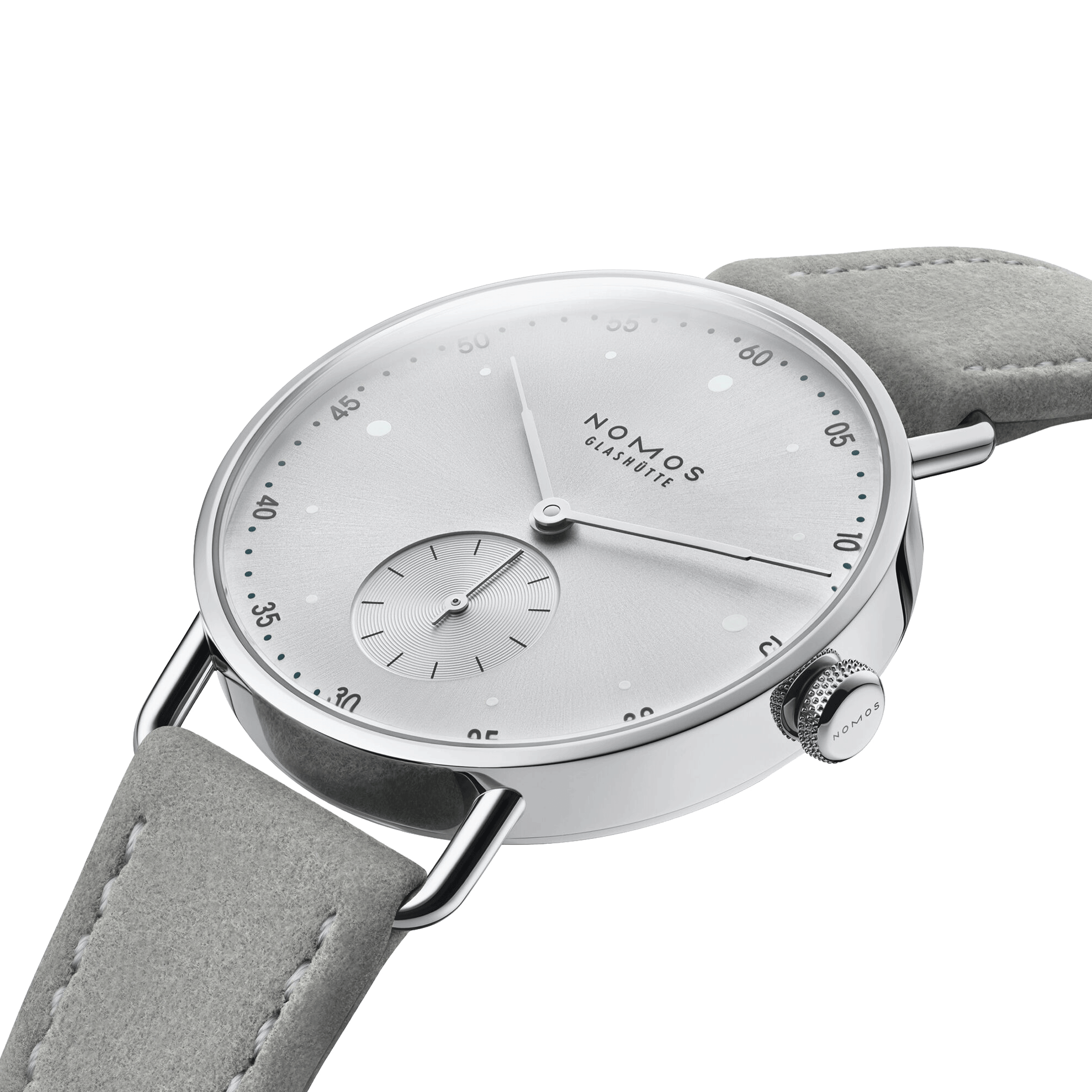 Nomos Metro All Silver mechanical watch sapphire back silver dial grey leather strap 33 mm 1122