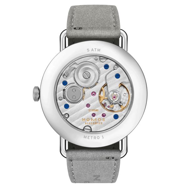 Nomos Metro All Silver mechanical watch sapphire back silver dial grey leather strap 33 mm 1122