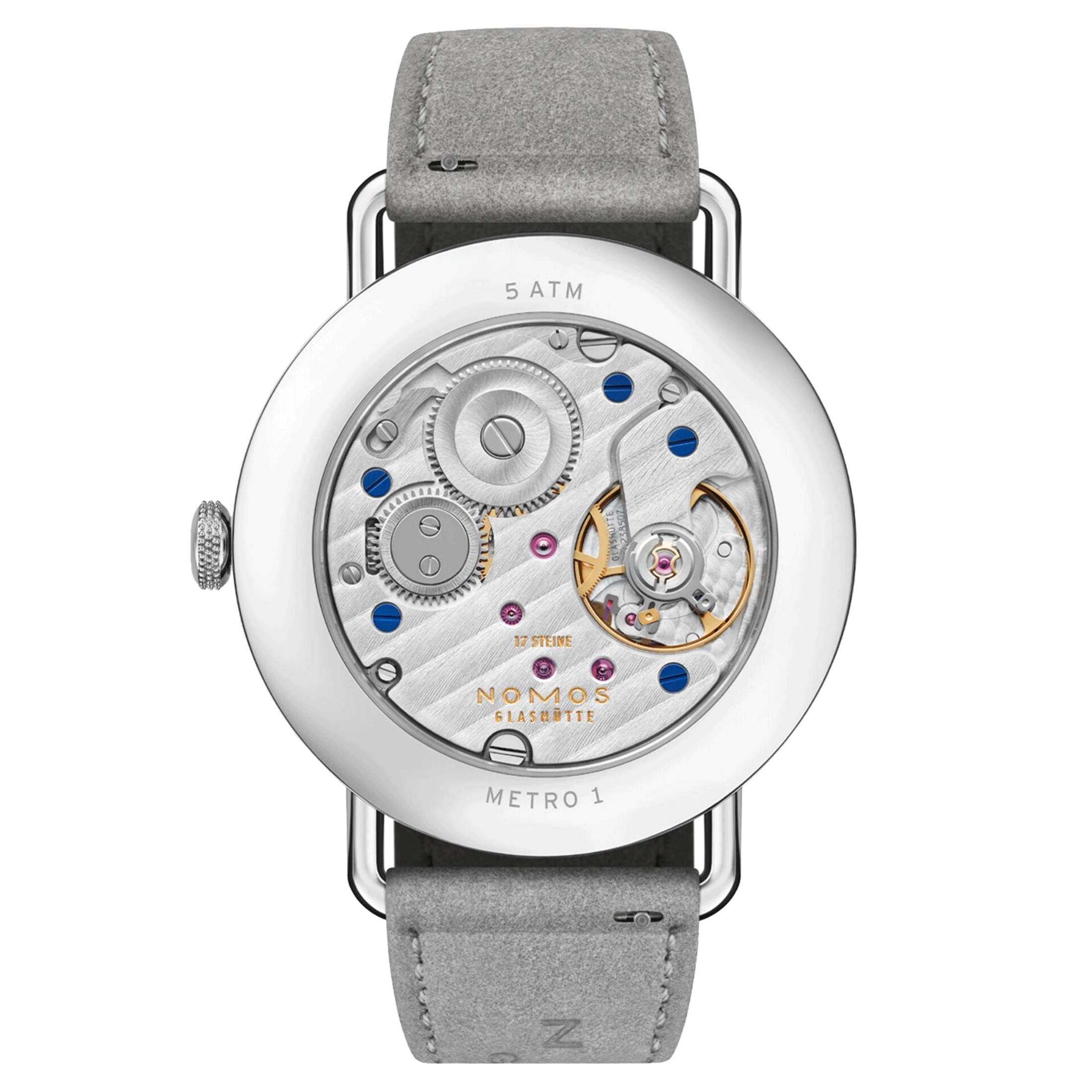 Nomos Metro All Silver mechanical watch sapphire back silver dial grey leather strap 33 mm 1122