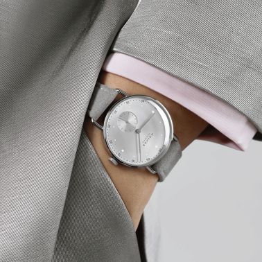 Nomos Metro All Silver mechanical watch sapphire back silver dial grey leather strap 33 mm 1122